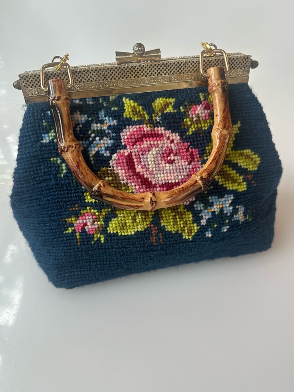 Vintage Navy Floral Needlepoint Handbag with detachable Bamboo Handle. 1950's